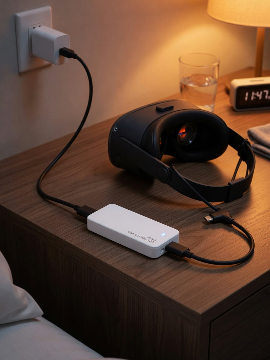 A small USB-C hardware charge limiter plugged inline on a VR headset charging cable