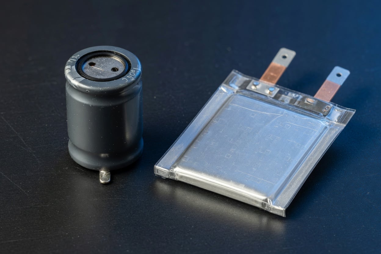 Close-up comparison of a small cylindrical supercapacitor next to a lithium-ion pouch battery, the two power sources used in dash cams