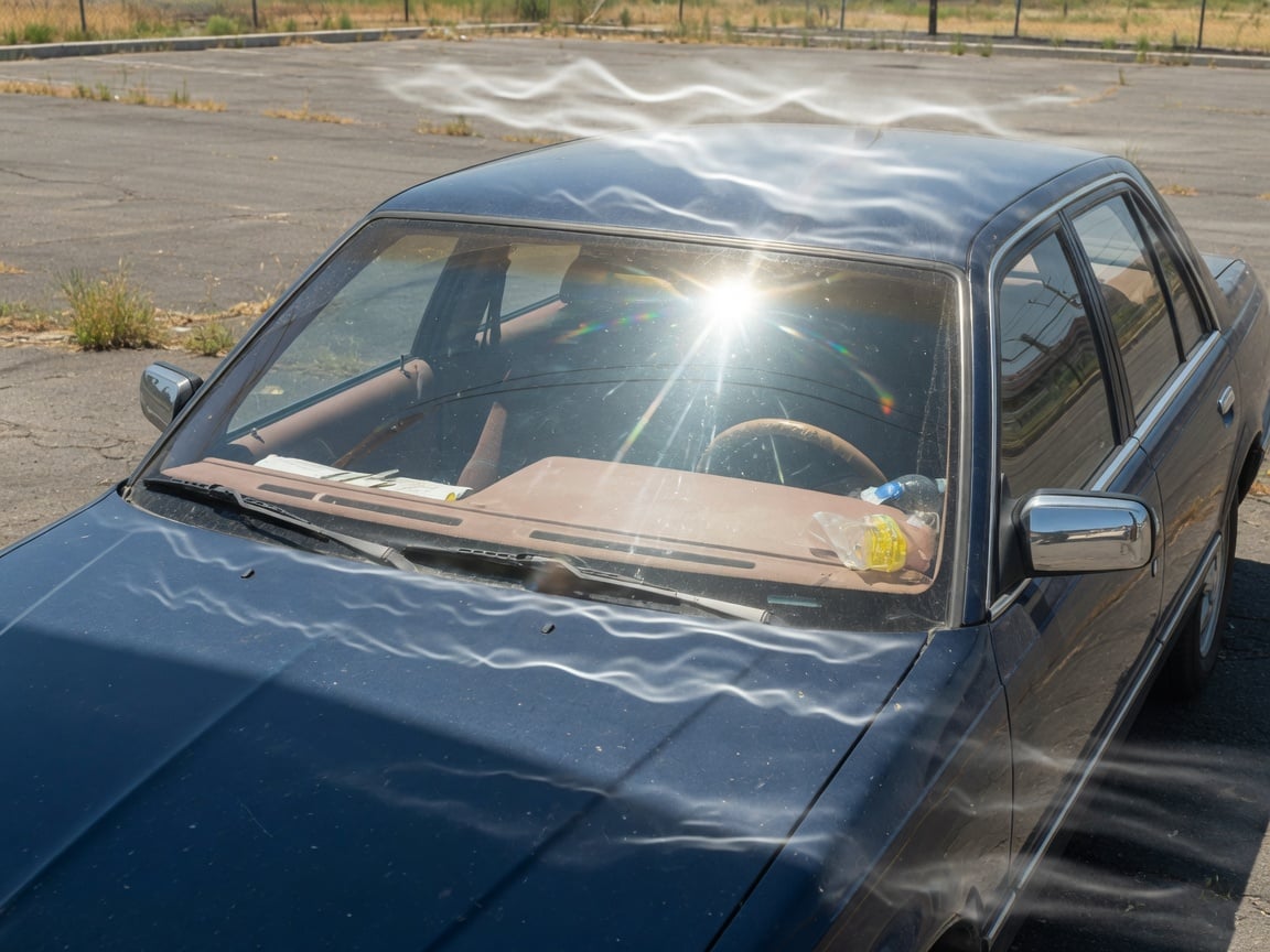 Car parked outdoors in intense summer heat with visible heat haze above the hood, the environment a dash cam battery must survive