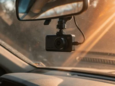 Compact dash cam mounted behind the rear-view mirror of a car, sunlight streaming through the windshield onto the dashboard
