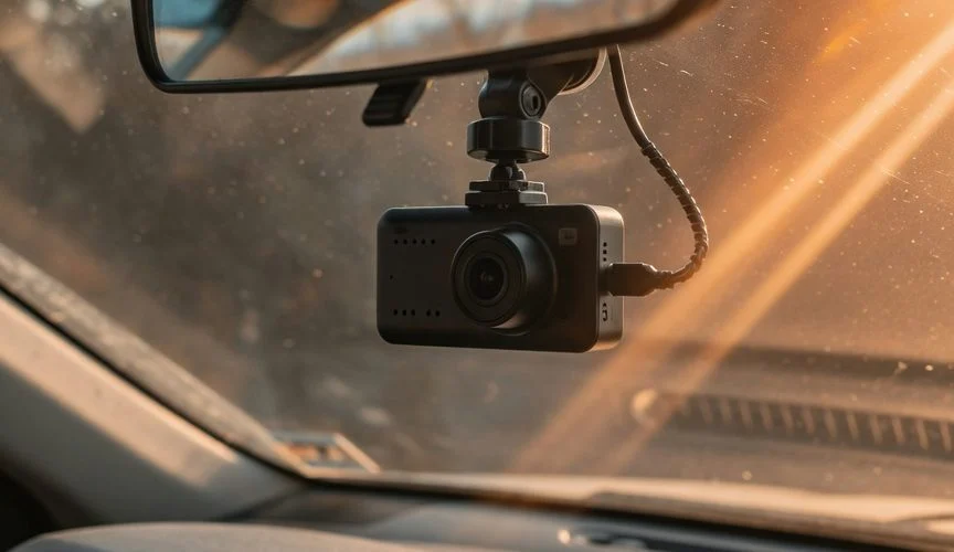 Compact dash cam mounted behind the rear-view mirror of a car, sunlight streaming through the windshield onto the dashboard