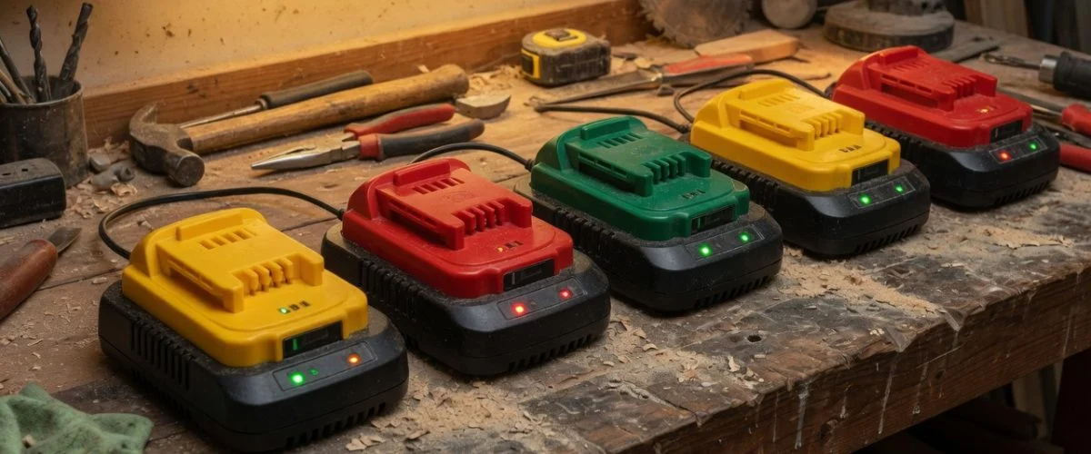 Row of cordless power tool battery packs on a workbench charging in a garage