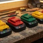 Row of cordless power tool battery packs on a workbench charging in a garage