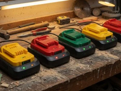 Row of cordless power tool battery packs on a workbench charging in a garage