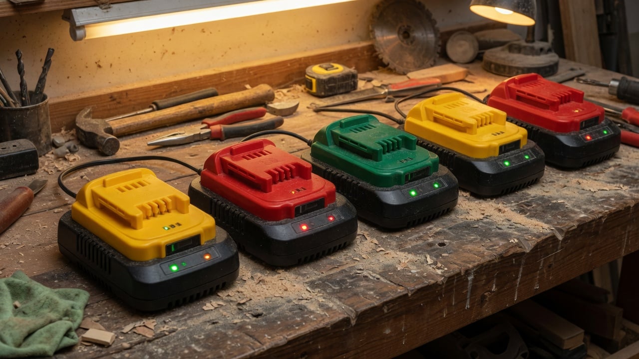 Row of cordless power tool battery packs on a workbench charging in a garage