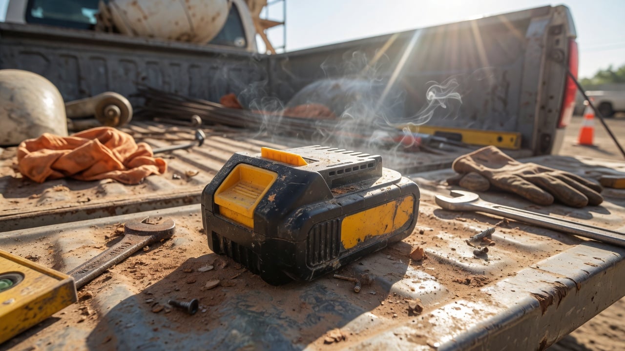 Cordless drill battery pack left in a hot sunlit truck bed on a summer job site