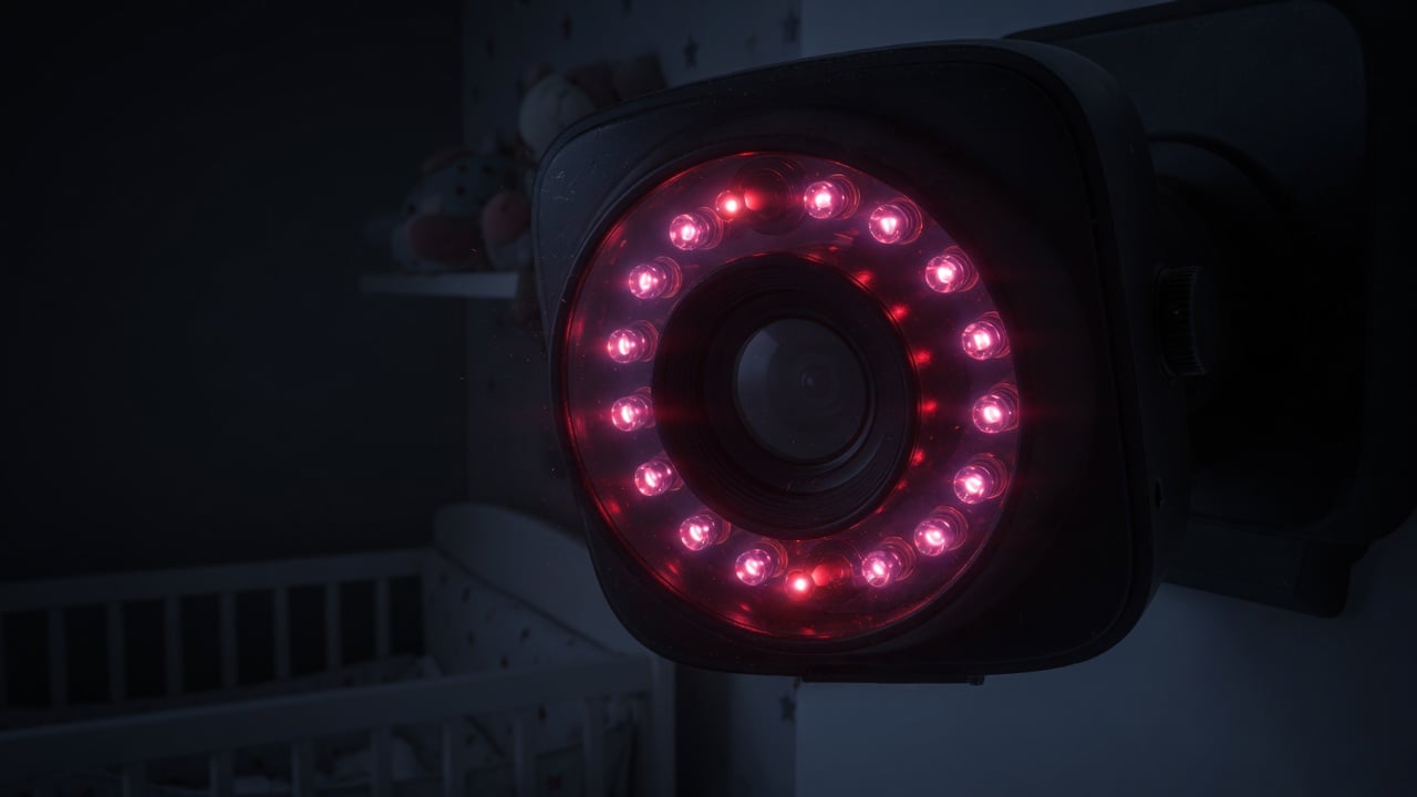 Close-up of a video baby monitor camera with a glowing ring of infrared night-vision LEDs in a dark nursery