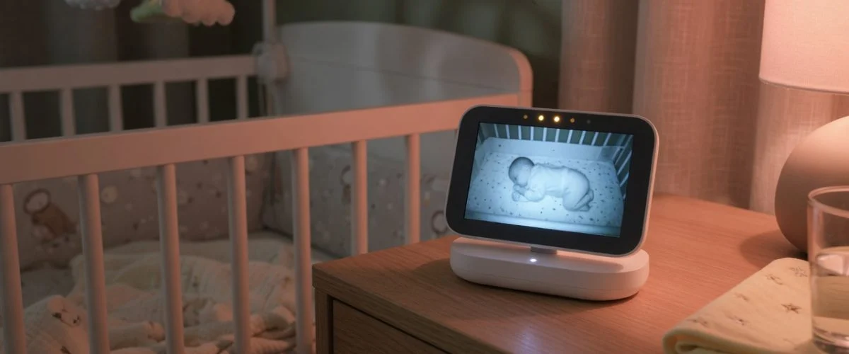Video baby monitor parent unit sitting on its charging dock on a nightstand next to a crib, glowing screen