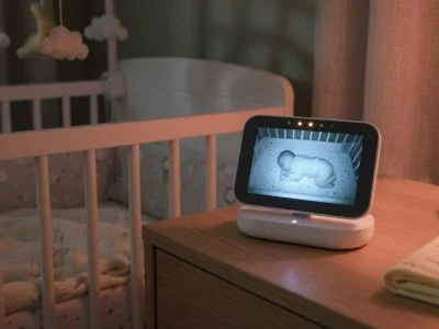 Video baby monitor parent unit sitting on its charging dock on a nightstand next to a crib, glowing screen