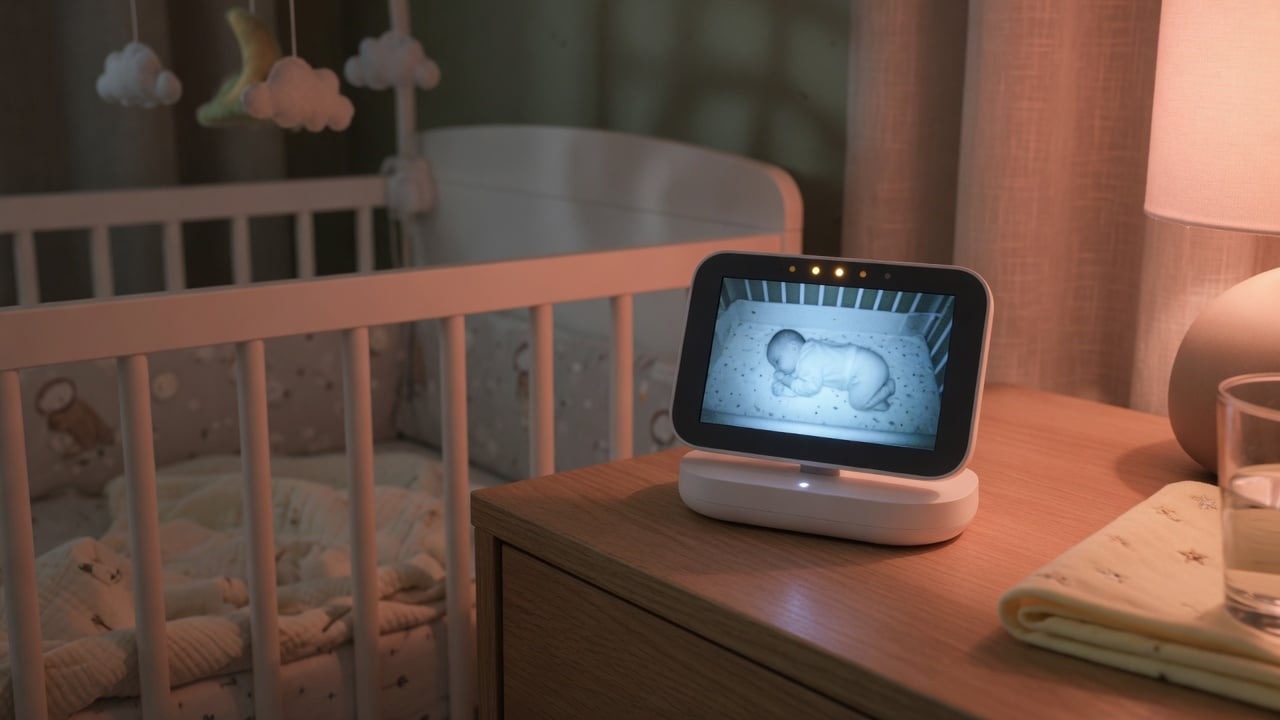 Video baby monitor parent unit sitting on its charging dock on a nightstand next to a crib, glowing screen