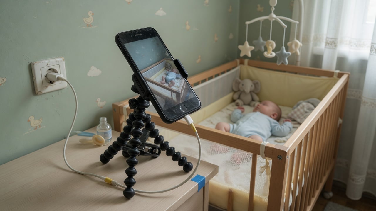 Old smartphone mounted as a baby monitor camera aimed at a crib, plugged into a wall charger