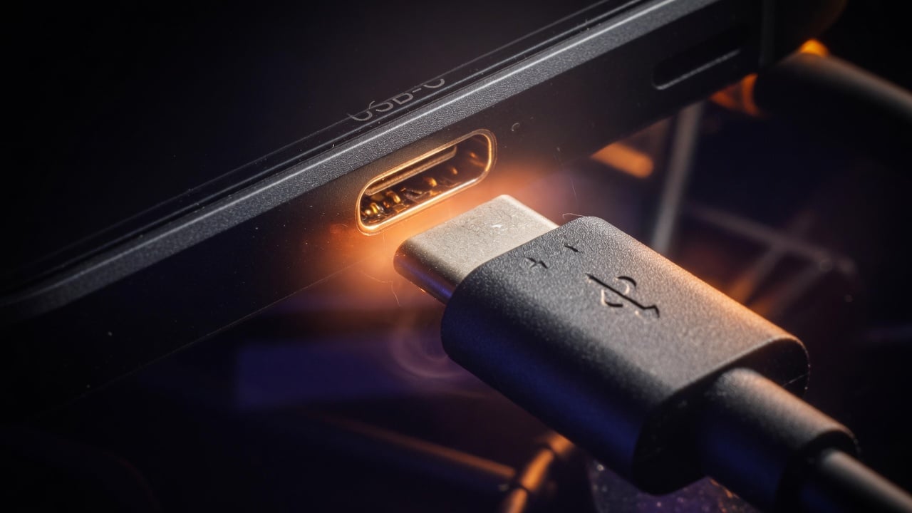 Close-up of a phone charging port and cable connector glowing warm with a heat overlay, illustrating resistive heating
