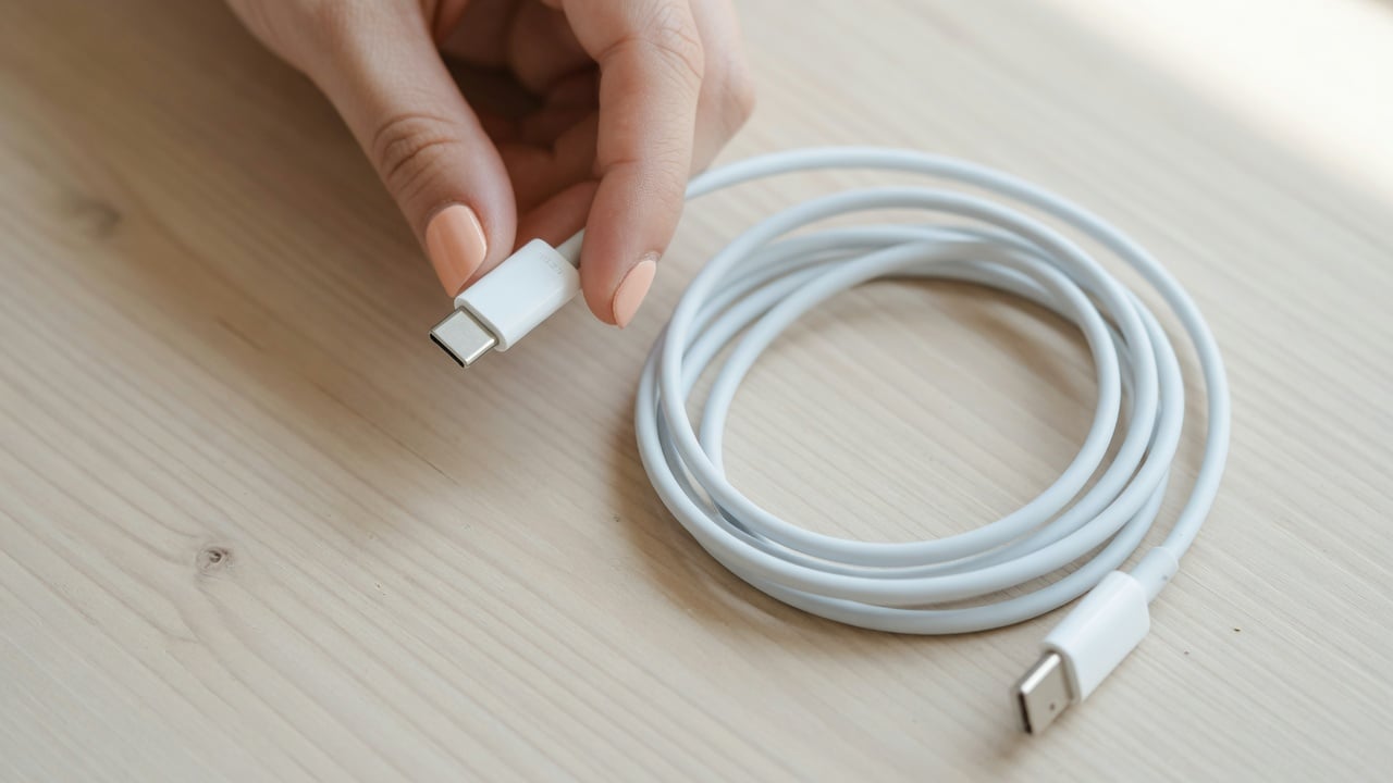 Hand unplugging a USB-C cable by gripping the connector instead of pulling the cord, next to a neatly looped cable