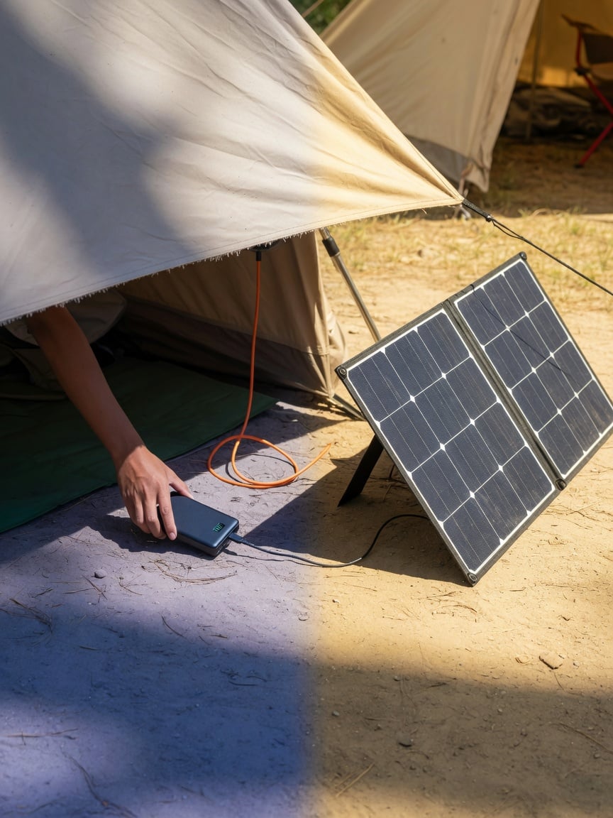 Hand placing a power bank in the shade under a tent awning while a foldable solar panel charges in the sun