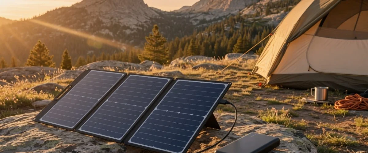 Portable foldable solar panel connected to a black power bank in direct sunlight beside a tent at golden hour
