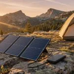 Portable foldable solar panel connected to a black power bank in direct sunlight beside a tent at golden hour