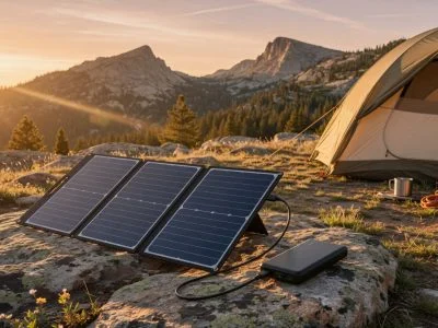 Portable foldable solar panel connected to a black power bank in direct sunlight beside a tent at golden hour