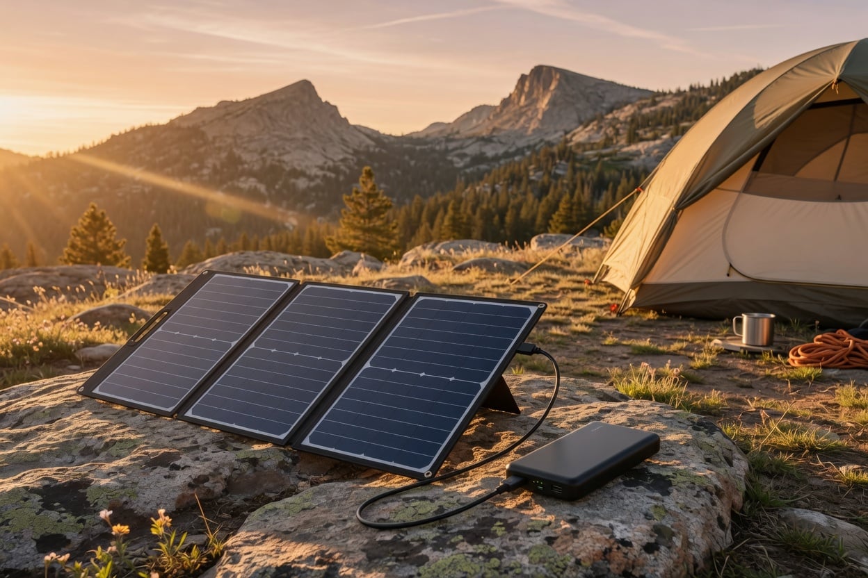 Portable foldable solar panel connected to a black power bank in direct sunlight beside a tent at golden hour