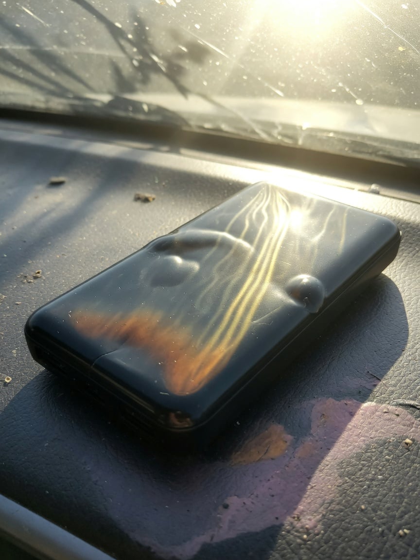 Black power bank lying in blazing direct sunlight on a car dashboard with visible heat shimmer, illustrating dangerous lithium battery overheating