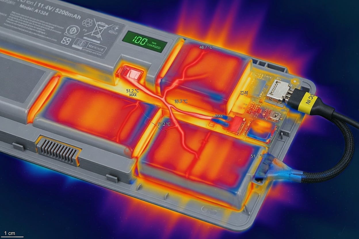 Thermographic close-up showing heat buildup in laptop battery cells when kept at 100 percent charge, with orange and red heat zones around the cells and cooler blue areas at edges