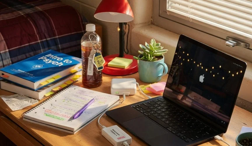 Student laptop charging setup in dorm room with USB charge limiter between power adapter and laptop computer