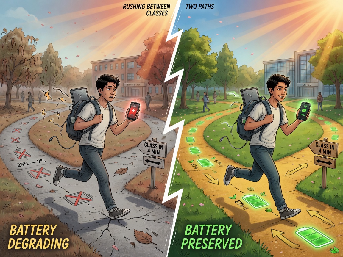 College student walking between classes on sunlit campus with laptop in backpack, split-screen showing battery health icons on one side and battery degradation warnings on the other