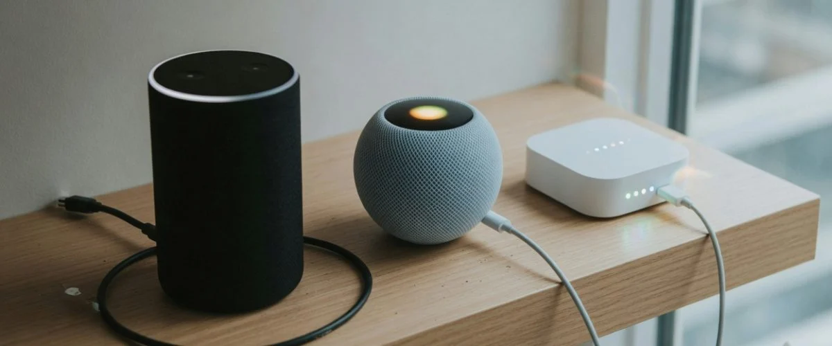 Smart home hub shelf showing Echo speaker, HomePod mini, and Hue Bridge box all plugged in with status LEDs on