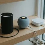 Smart home hub shelf showing Echo speaker, HomePod mini, and Hue Bridge box all plugged in with status LEDs on