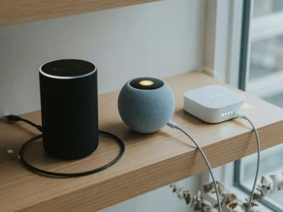 Smart home hub shelf showing Echo speaker, HomePod mini, and Hue Bridge box all plugged in with status LEDs on