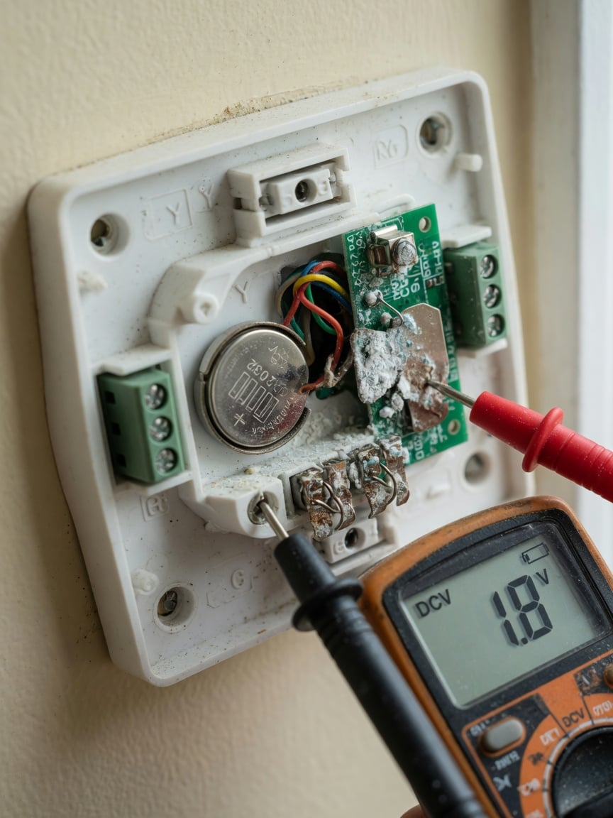 Smart thermostat backplate removed showing CR2032 coin-cell battery next to corroded battery contacts with low voltage reading