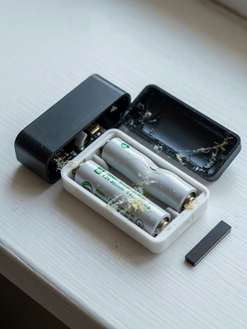 Open Zigbee Z-Wave door sensor showing two AAA rechargeable batteries inside, one visibly bulging and leaking residue