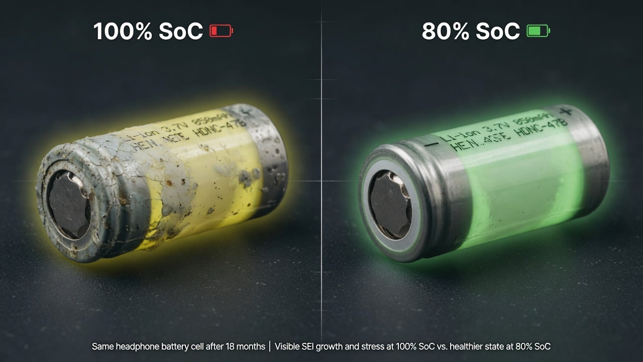 Split comparison of headphone battery cells at 100% versus 80% state of charge showing calendar aging and SEI growth stress