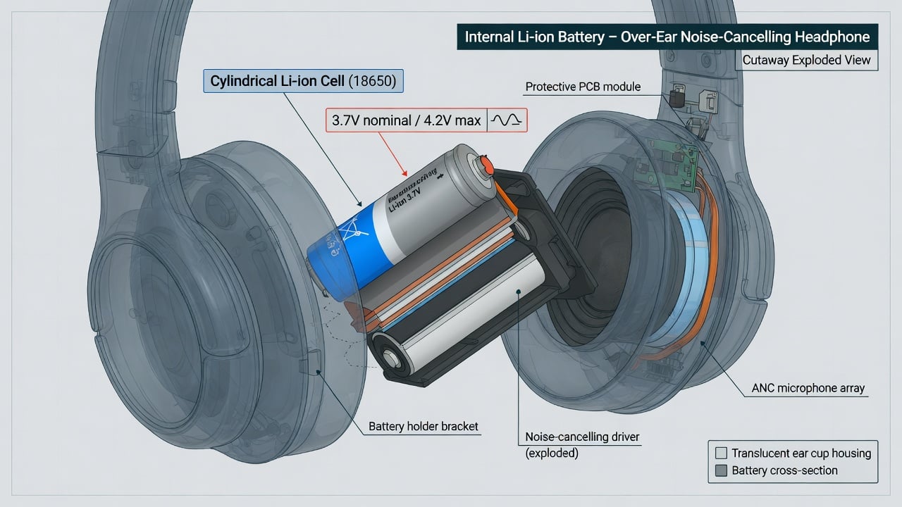 Cutaway illustration of an over-ear headphone showing the internal 3.7-volt lithium-ion battery cell inside the ear cup