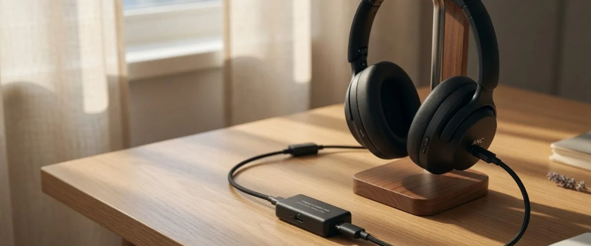 Noise-cancelling wireless headphones resting on a USB-C cable on a wooden desk beside a hardware USB charge limiter