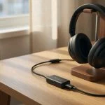 Noise-cancelling wireless headphones resting on a USB-C cable on a wooden desk beside a hardware USB charge limiter