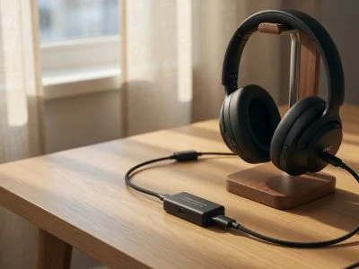 Noise-cancelling wireless headphones resting on a USB-C cable on a wooden desk beside a hardware USB charge limiter