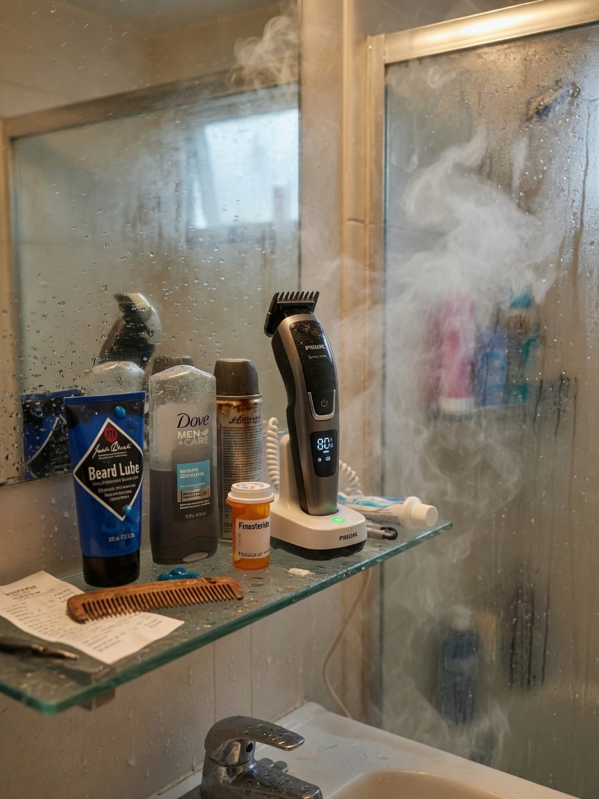 Modern cordless beard trimmer left plugged into its charging dock on an overfilled bathroom shelf near steam