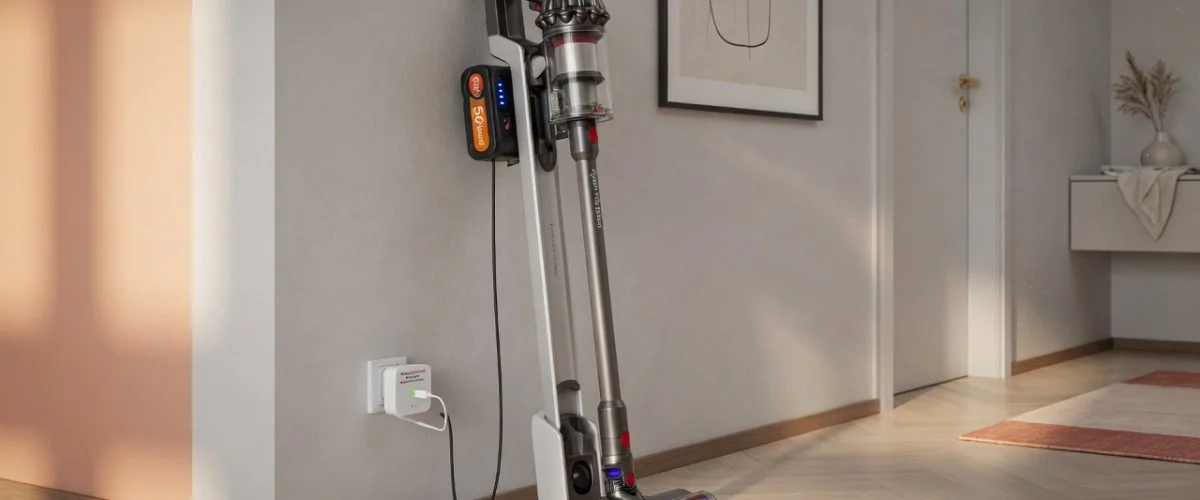 Cordless stick vacuum cleaner on a wall charging dock in a modern home hallway with a USB charge limiter attached