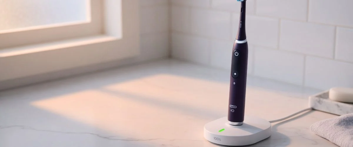 Premium electric toothbrush handle sitting on its inductive charging dock with a full-charge indicator LED, photographed on a bathroom counter in soft morning light