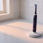 Premium electric toothbrush handle sitting on its inductive charging dock with a full-charge indicator LED, photographed on a bathroom counter in soft morning light