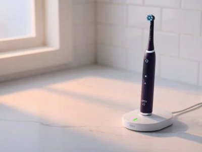 Premium electric toothbrush handle sitting on its inductive charging dock with a full-charge indicator LED, photographed on a bathroom counter in soft morning light