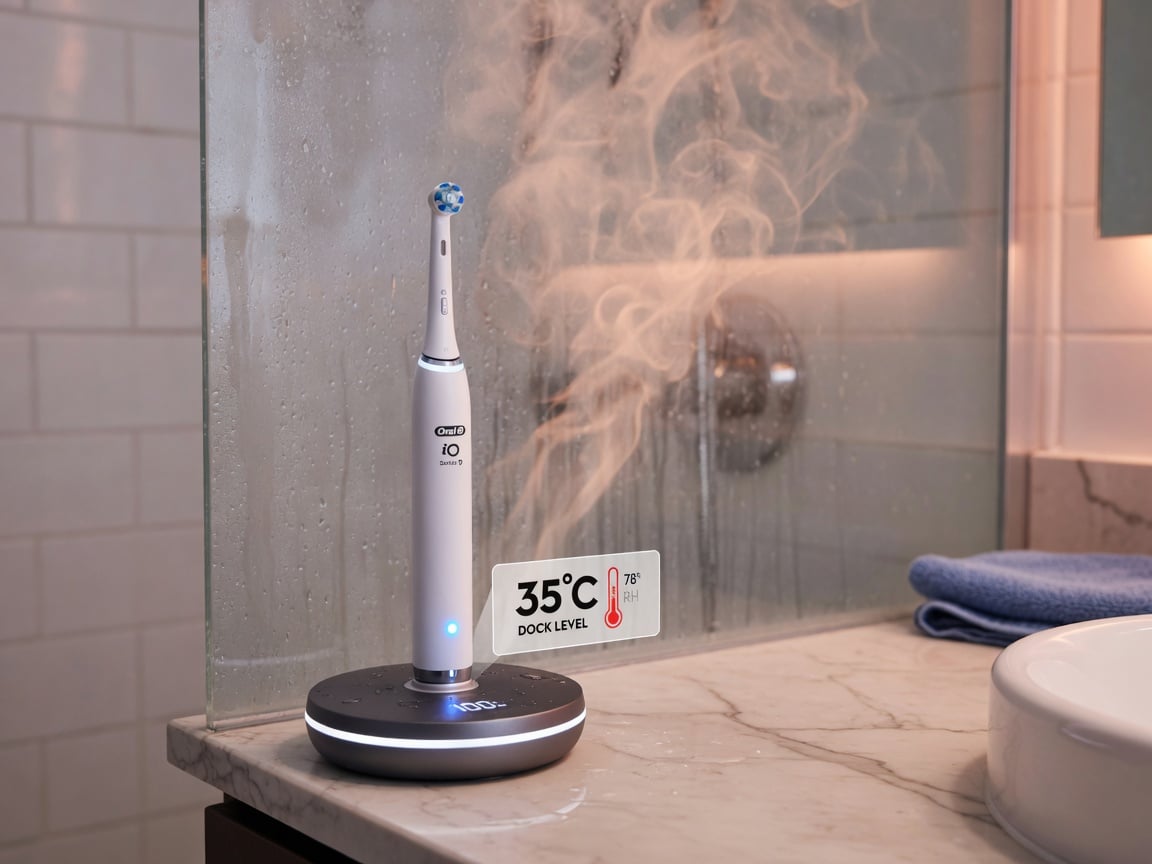 Electric toothbrush on its inductive dock on a bathroom counter with steam rising from a hot shower behind glass, illustrating how bathroom humidity and heat shorten battery life