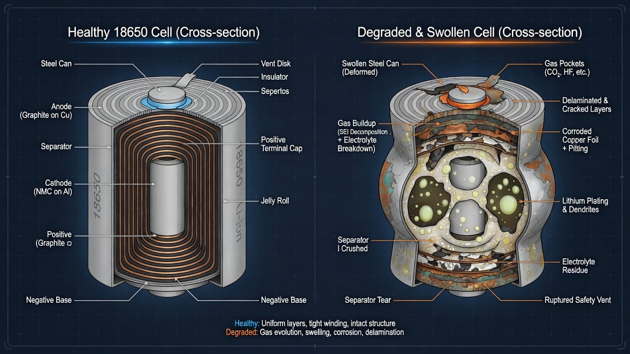 Cross-section comparison of healthy vs degraded swollen 18650 lithium-ion flashlight battery cell