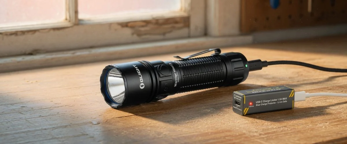 USB-C rechargeable tactical flashlight on workbench with charge limiter