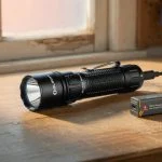 USB-C rechargeable tactical flashlight on workbench with charge limiter