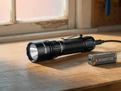 USB-C rechargeable tactical flashlight on workbench with charge limiter
