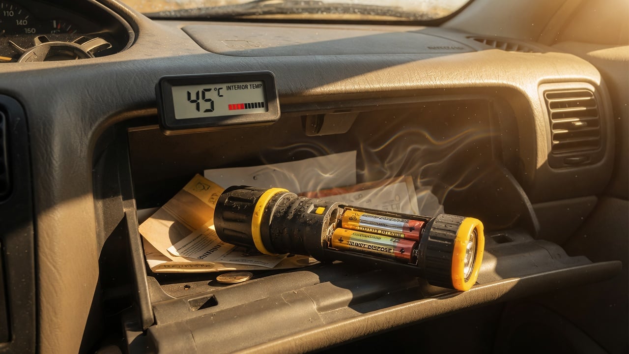 Rechargeable flashlight stored in hot car glove compartment at 45 degrees Celsius