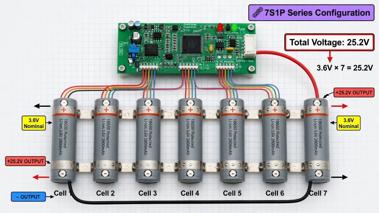 Lithium-ion battery cells arranged in a 7S1P vacuum battery pack configuration, showing the cylindrical 18650 cells wired in series with a battery management circuit board on top