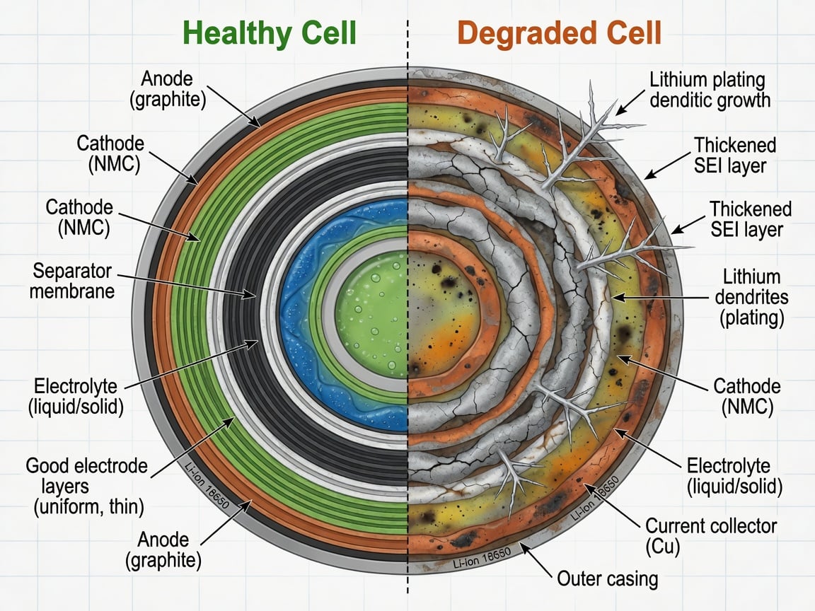 Side-by-side technical cross-section of a healthy lithium-ion battery cell with clean electrode layers next to a degraded cell showing thickened SEI layer and dendritic lithium plating on the anode