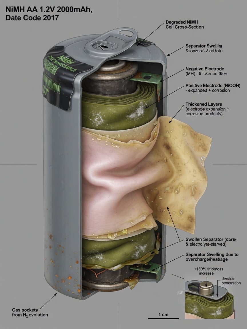 Detailed cutaway diagram of a degraded NiMH rechargeable battery cell showing swollen internal layers